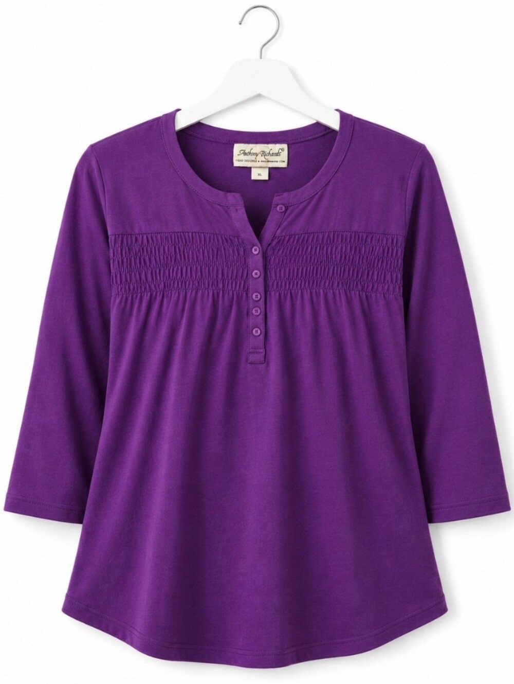 Anthony Richards Purple Smocked Henley 3/4 Sleeve Tunic Cottagecore
